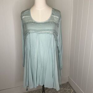 Free People Womens Medium Penny Lane Tunic Top Teal Drapey Pleated Tassels NWT